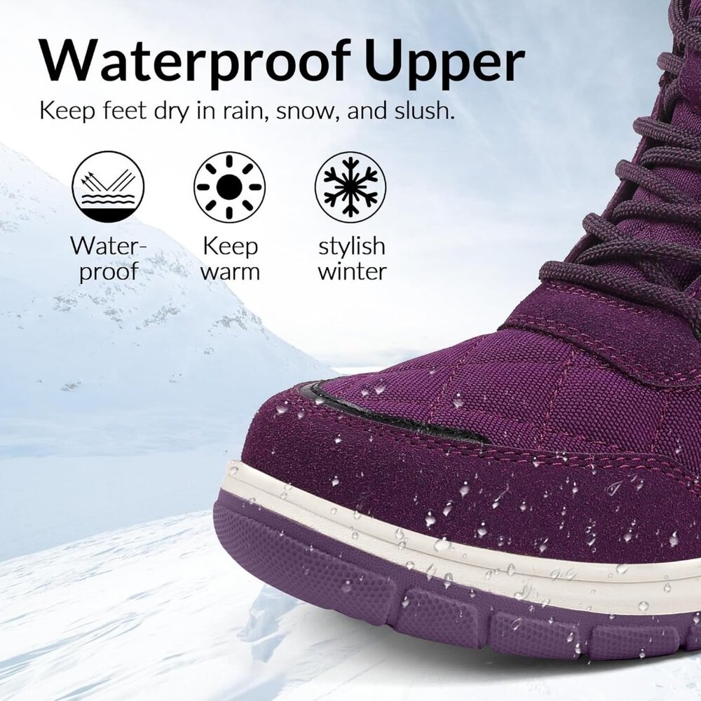 Women's Purple Waterproof Insulated Snow Boots Lace-Up Winter Booties - Picture 2 of 5